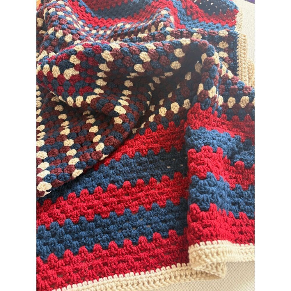 Handmade Crochet Granny Square Lap Throw Blanket Red Blue Cream 30x54